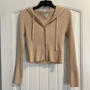 Aerie Beige Tan Semi Cropped Ribbed Zip Front Sweater Hoodie Womens Small EUC
